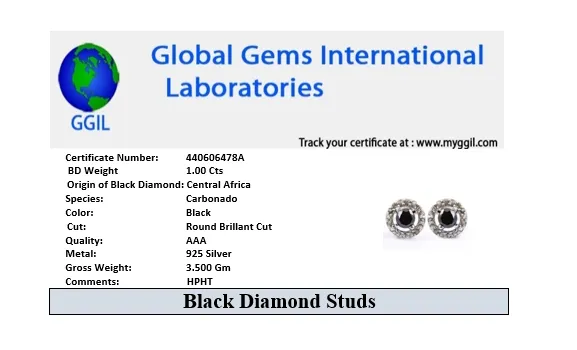 0.50 Ct Each, Certified Black Diamond Accents Studs in 925 Silver, Great Shine & Excellent Luster