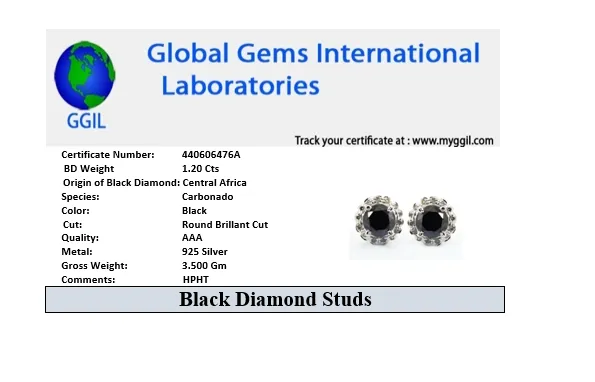 0.60 Ct Each, Certified Black Diamond Solitaire Studs with Accents, Designer Collection & Great Sparkle