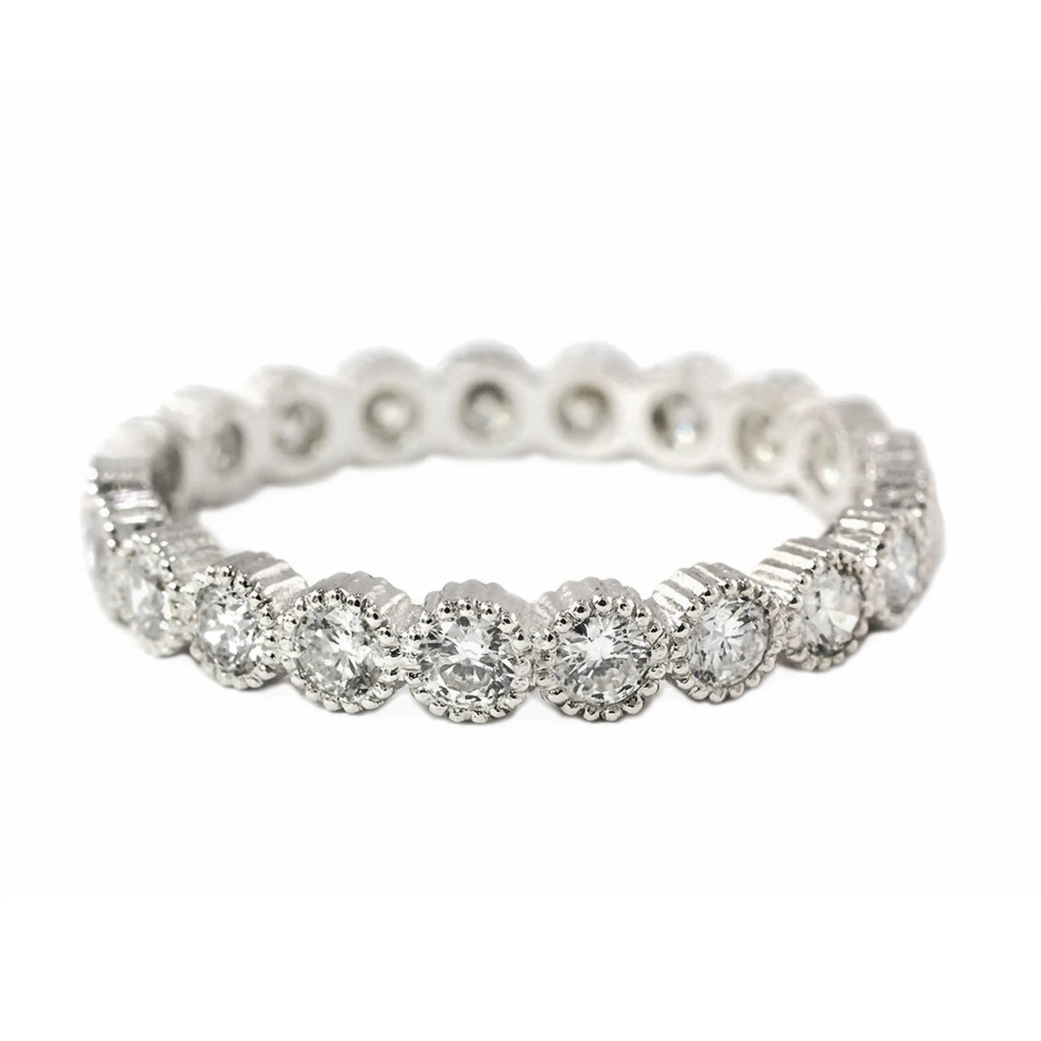 0.93ct Round Diamonds in 18K White Gold Milgrain Bezel Wedding Eternity Band Ring