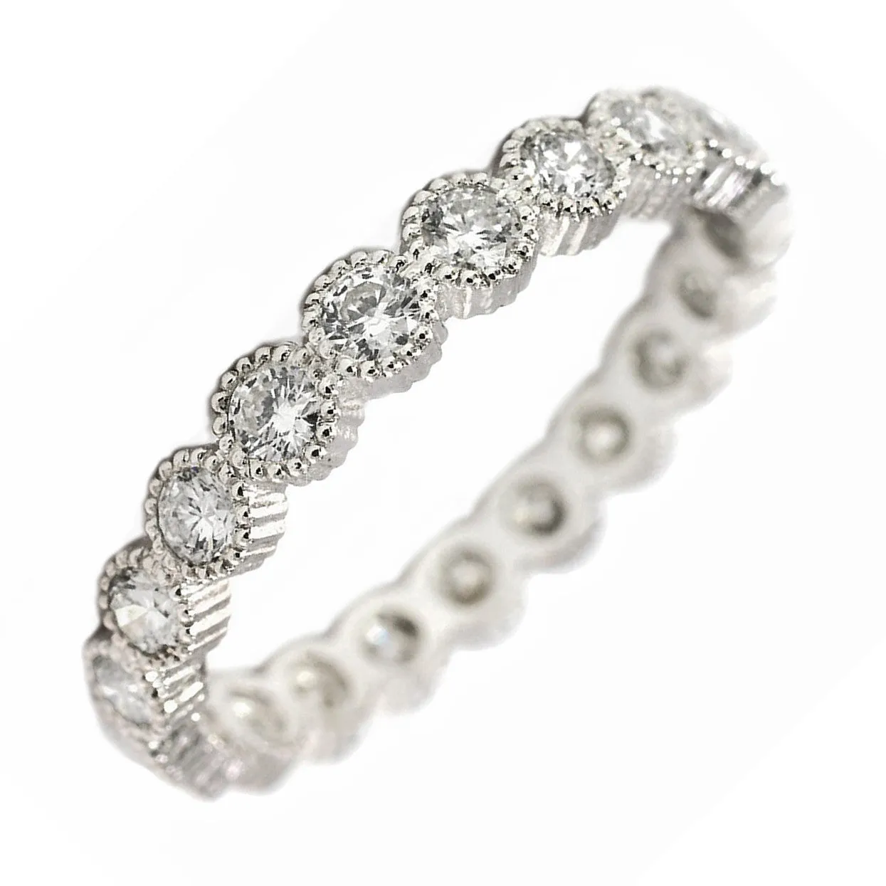 0.93ct Round Diamonds in 18K White Gold Milgrain Bezel Wedding Eternity Band Ring