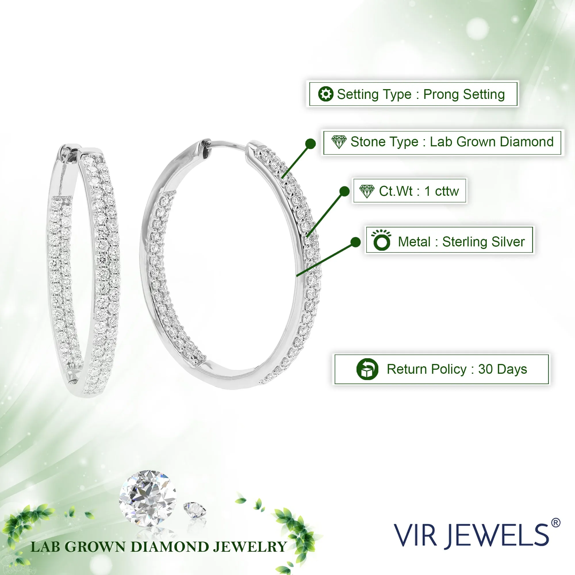 1 cttw Lab Grown Diamond Double Row Eternity Hoop Earrings Silver