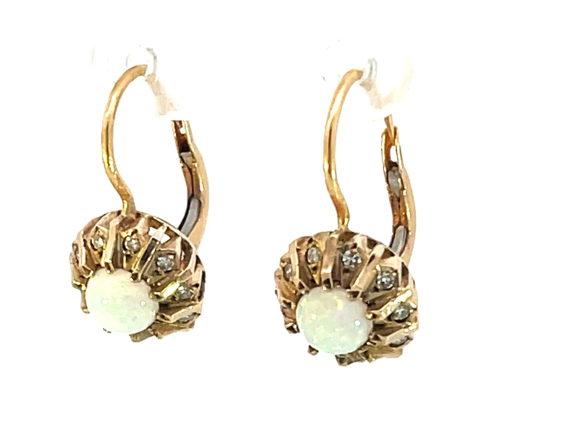 100 Year Old Antique Opal Diamond Earrings 14k Yellow Gold