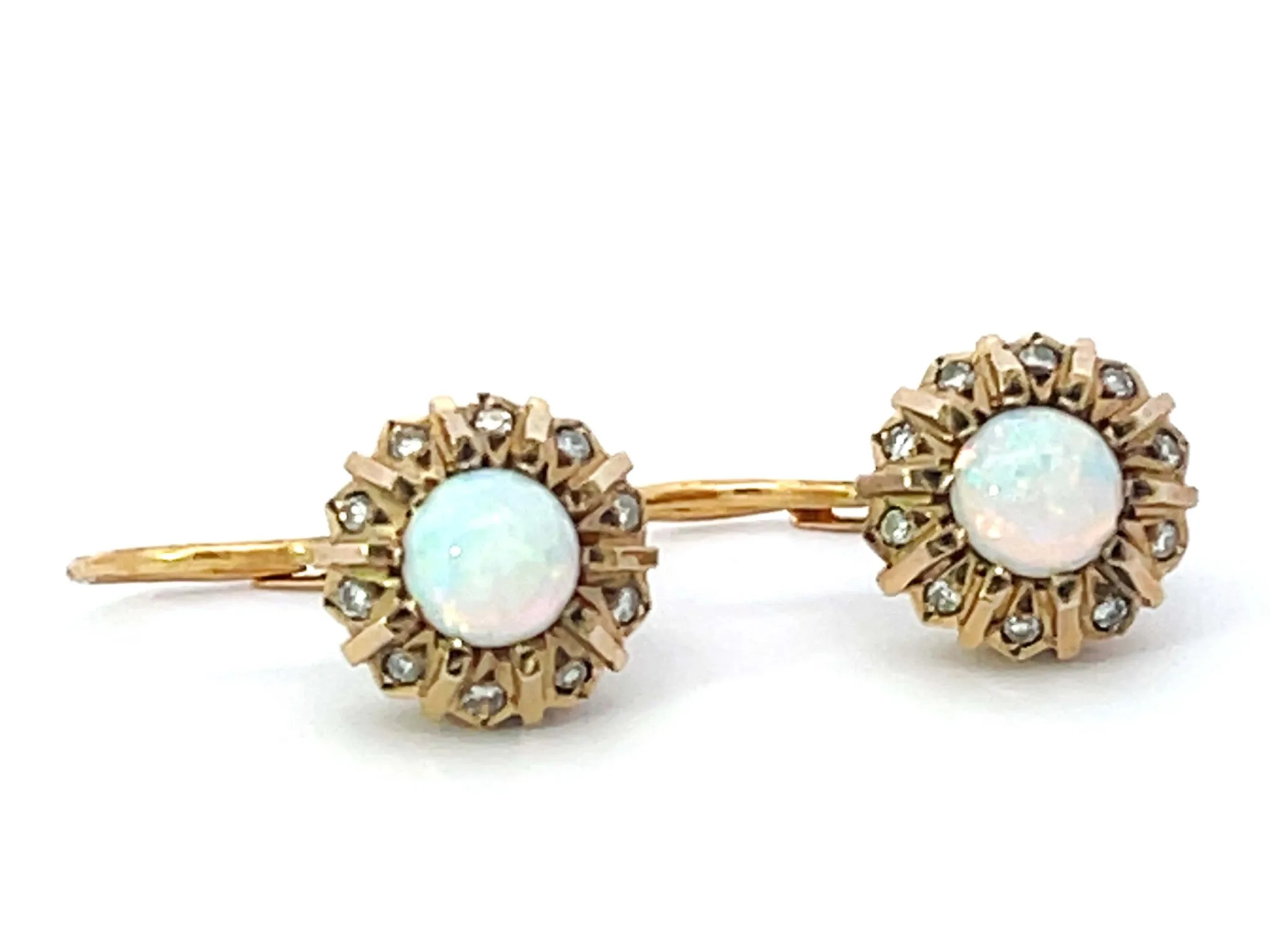 100 Year Old Antique Opal Diamond Earrings 14k Yellow Gold