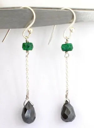 10.50 Cts Black Diamond with Emerald Beads Dangler Earrings, Certified. Amazing Collection & Great Gift