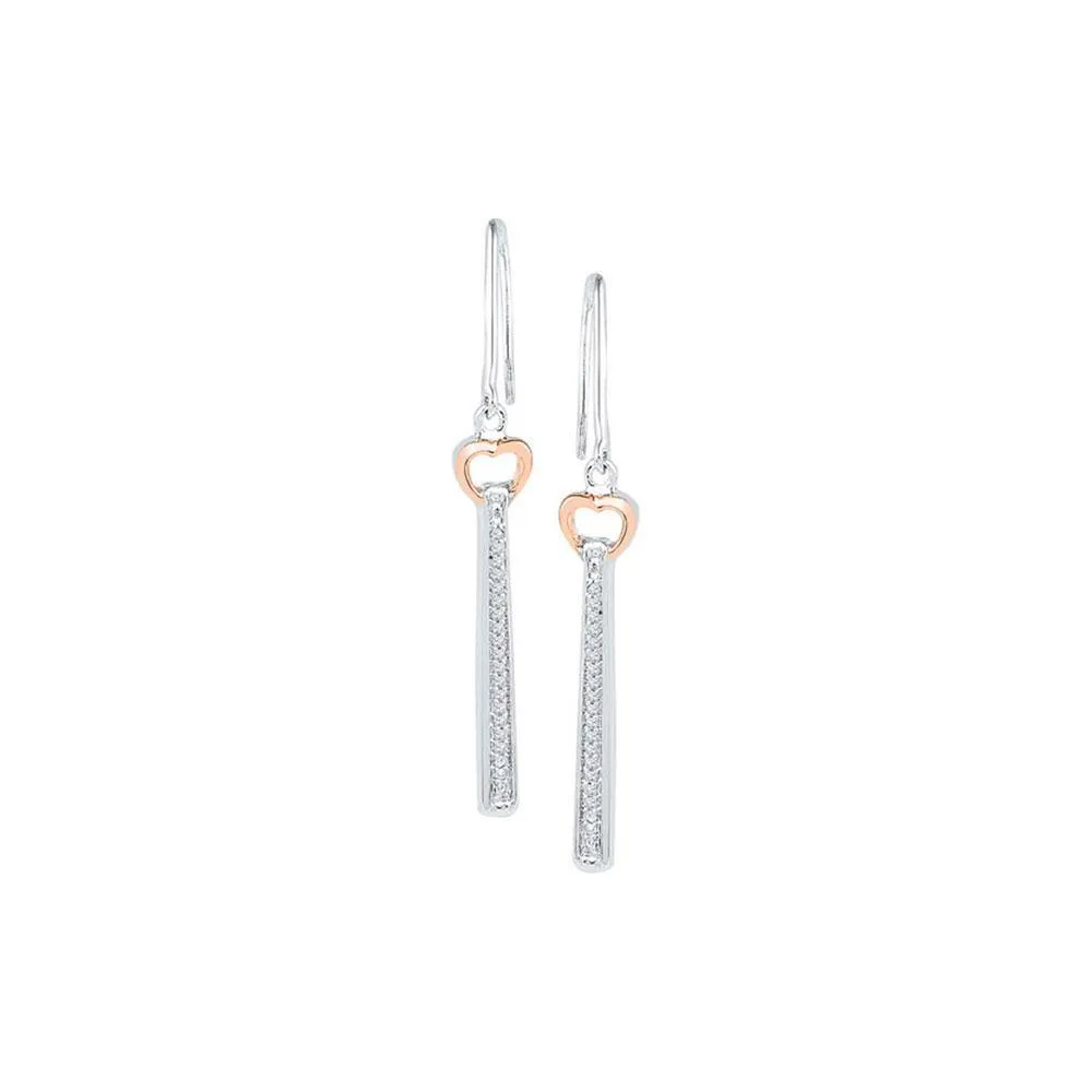 10K Two-tone White Gold Round Diamond Heart Dangle Earrings 1/10 Cttw