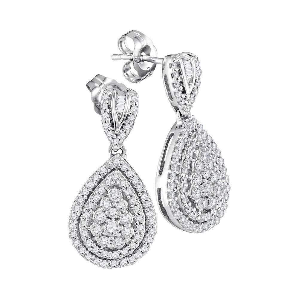 10K White Gold Round Diamond Teardrop Dangle Earrings 7/8 Cttw