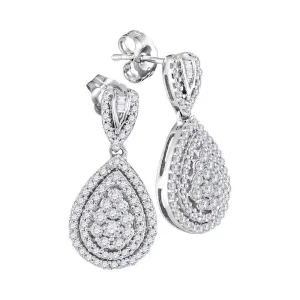 10K White Gold Round Diamond Teardrop Dangle Earrings 7/8 Cttw