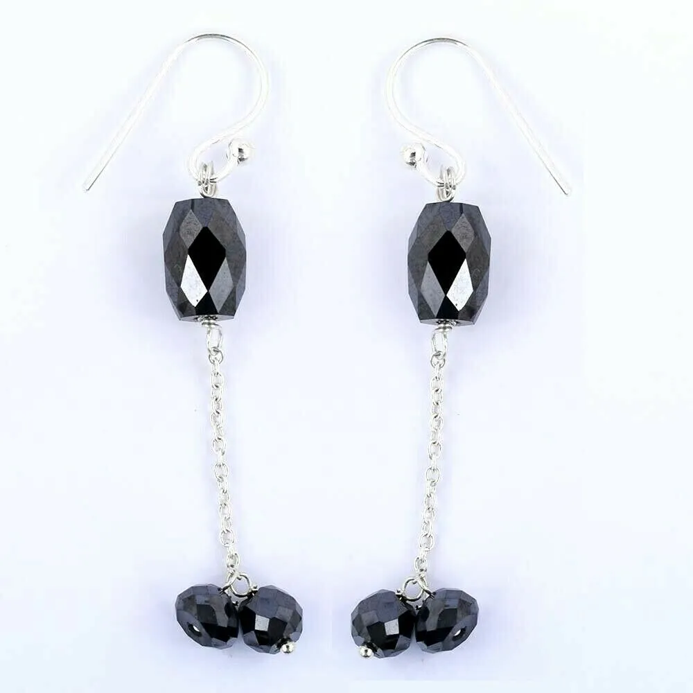 12 Ct Certified, Delicate Black Diamond Bead Dangler Earrings in 925 Silver, Great Shine & Luster
