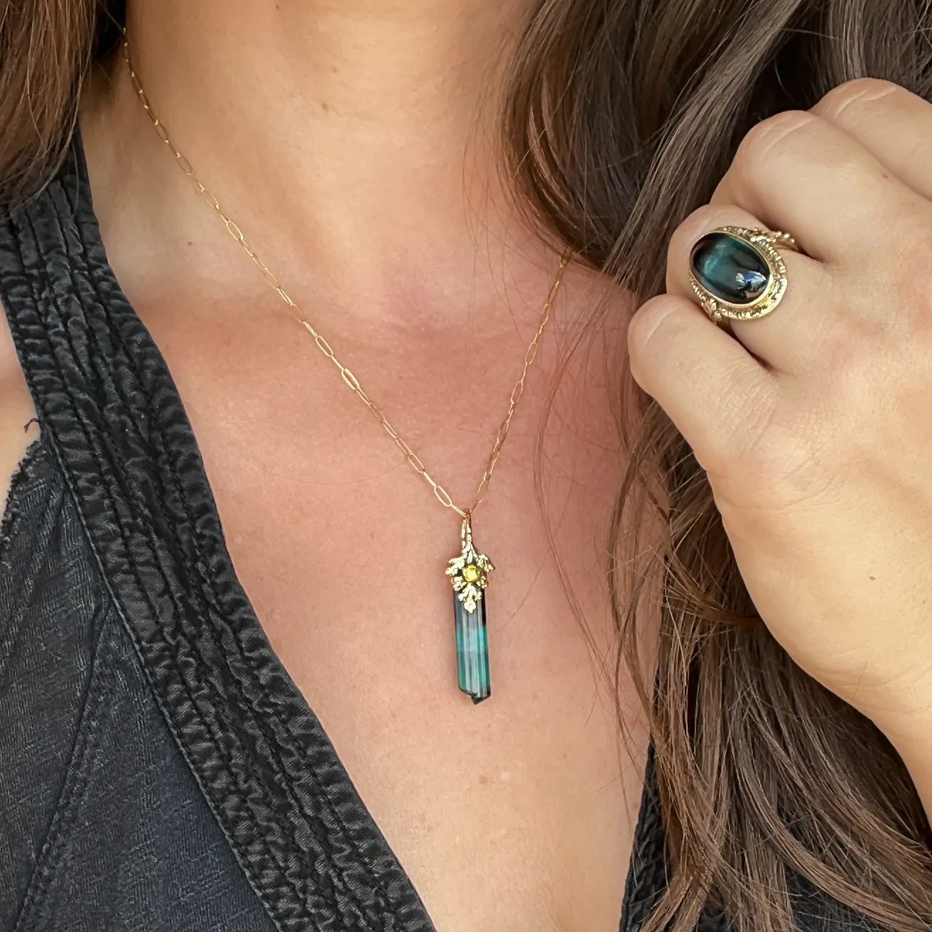 14k Gold Tourmaline Crystal Fairy Pendant