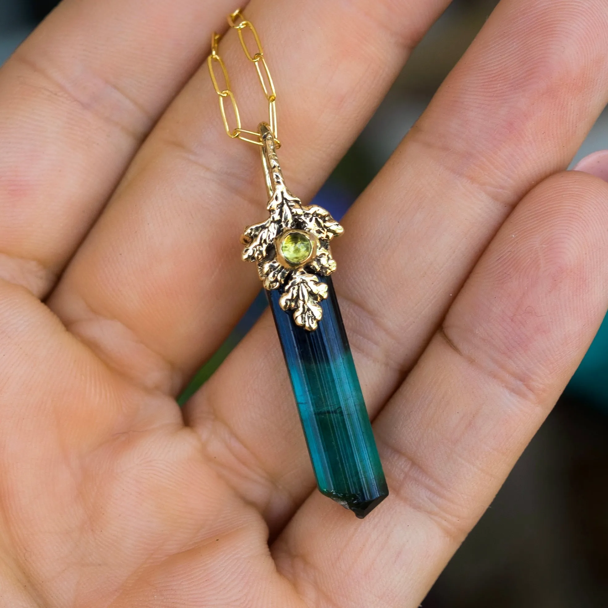 14k Gold Tourmaline Crystal Fairy Pendant