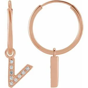 14K Rose .03 CTW Natural Diamond Single Initial V Hoop Earring