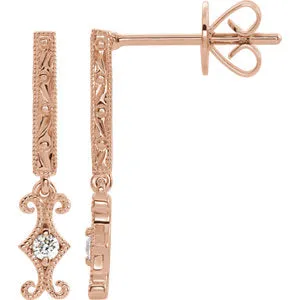 14K Rose .06 CTW Diamond Design-Engraved Dangle Earrings