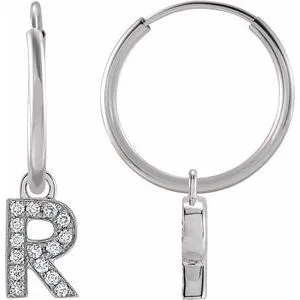14K White .05 CTW Natural Diamond Single Initial R Hoop Earring