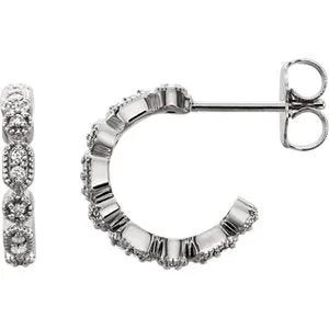 14K White 1/8 CTW Diamond Granulated J-Hoop Earrings