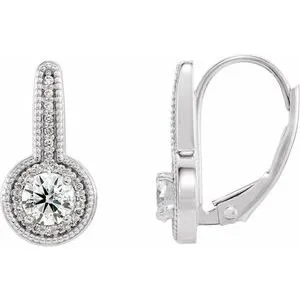 14K White 5/8 CTW Diamond Milgrain Halo-Style Dangle Earrings