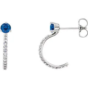 14K White Chatham® Created Blue Sapphire & 1/6 CTW Diamond J-Hoop Earrings