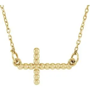 14K Yellow 12.05x19.5 mm Sideways Beaded Cross 16.5" Necklace