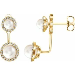 14K Yellow Freshwater Cultured Pearl & 1/5 CTW Diamond Halo-Style Earrings