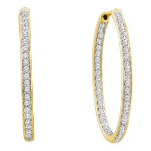 14K Yellow Gold Round Diamond Inside Outside Hoop Earrings 1.00 Cttw