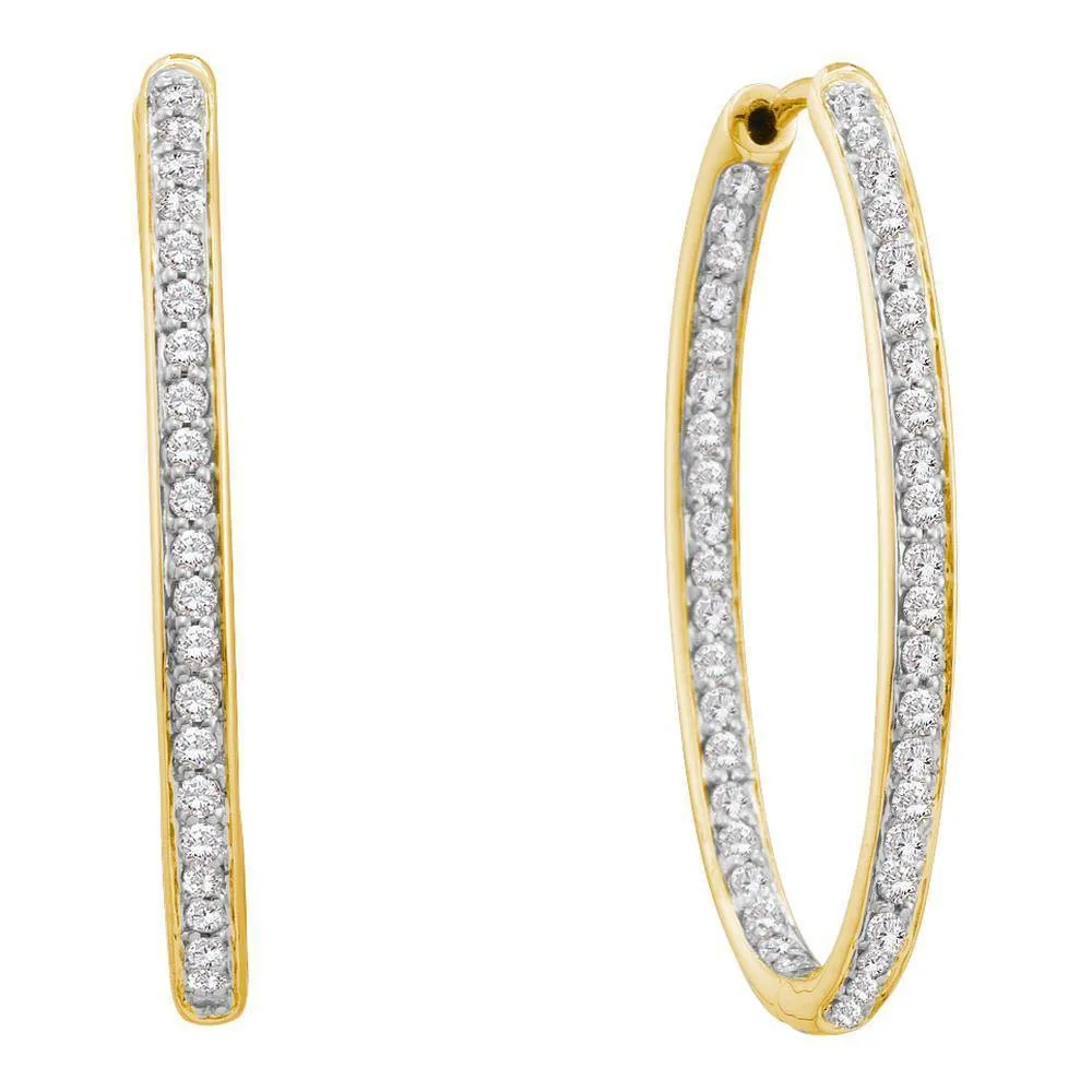 14K Yellow Gold Round Diamond Inside Outside Hoop Earrings 1.00 Cttw