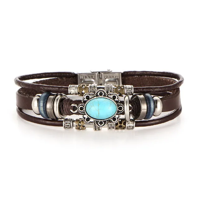 17KM 2 Style Vintage Flower Bracelets & Bangle Boho Multiple Layers Leather Bracelet Handmade Female Punk Jewelry for Women Man