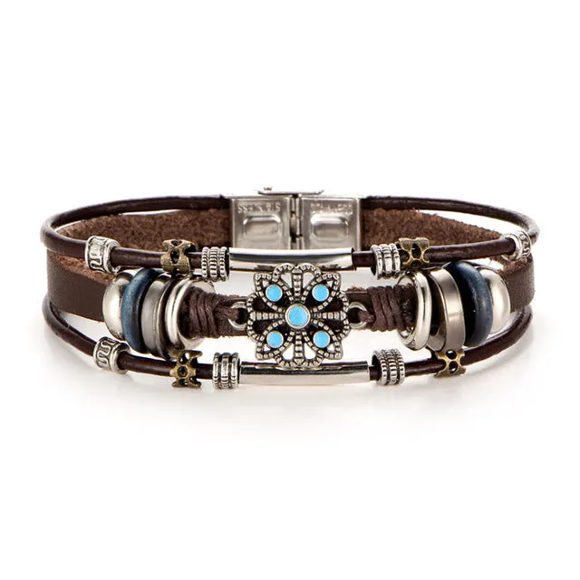 17KM 2 Style Vintage Flower Bracelets & Bangle Boho Multiple Layers Leather Bracelet Handmade Female Punk Jewelry for Women Man