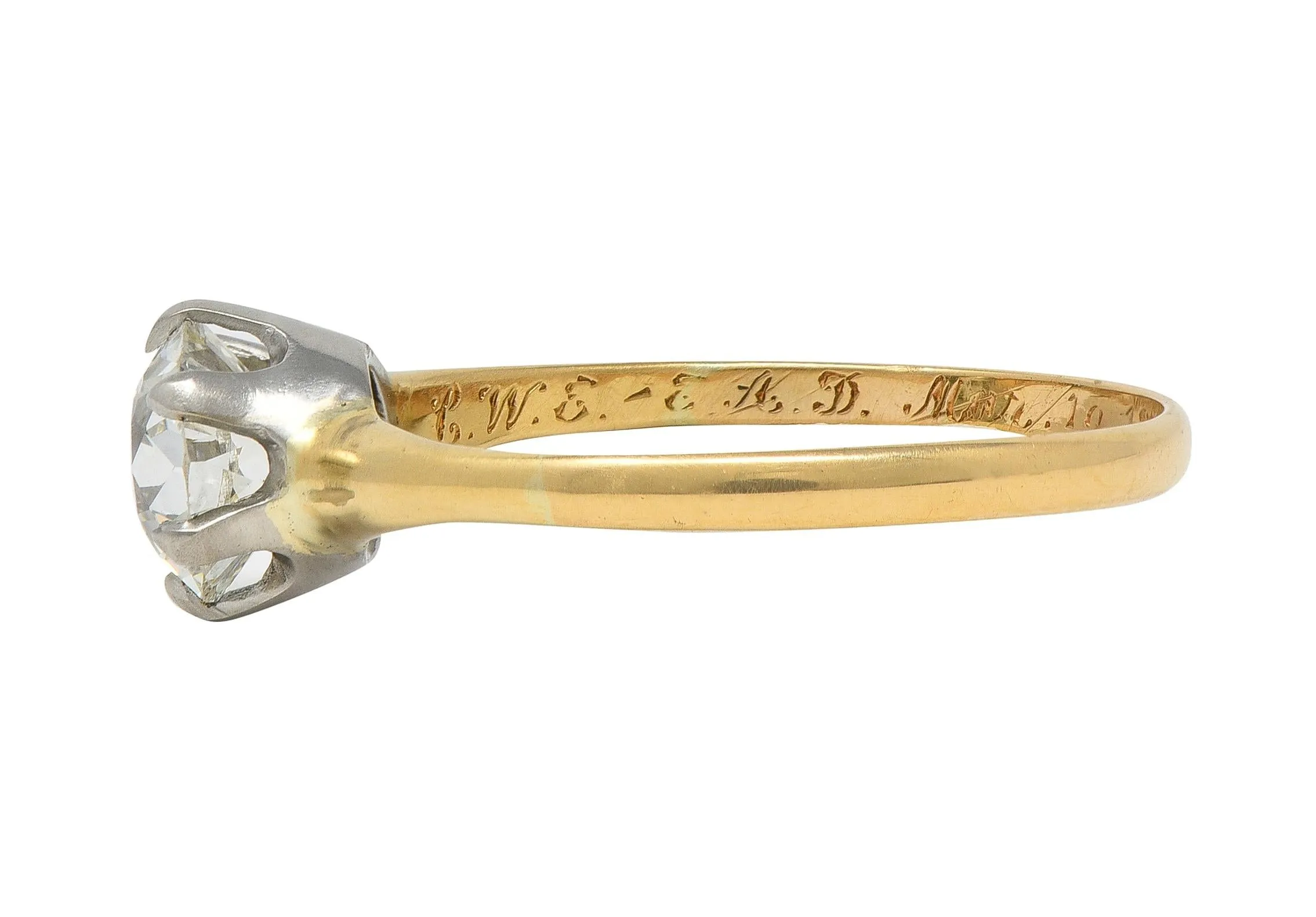 1905 1.22 CTW Old European Cut Diamond Platinum 14 Karat Yellow Gold Antique Solitaire Engagement Ring