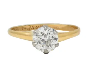 1905 1.22 CTW Old European Cut Diamond Platinum 14 Karat Yellow Gold Antique Solitaire Engagement Ring