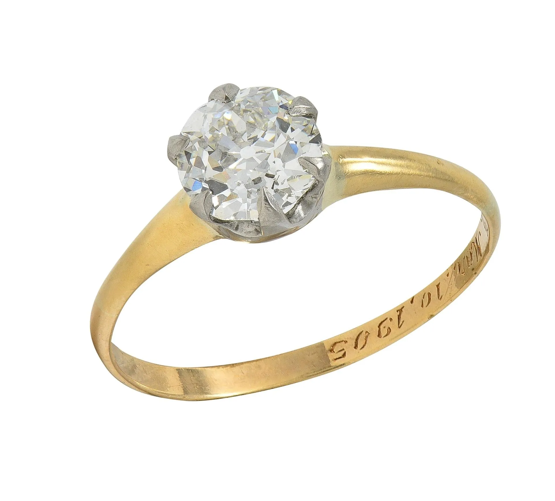 1905 1.22 CTW Old European Cut Diamond Platinum 14 Karat Yellow Gold Antique Solitaire Engagement Ring