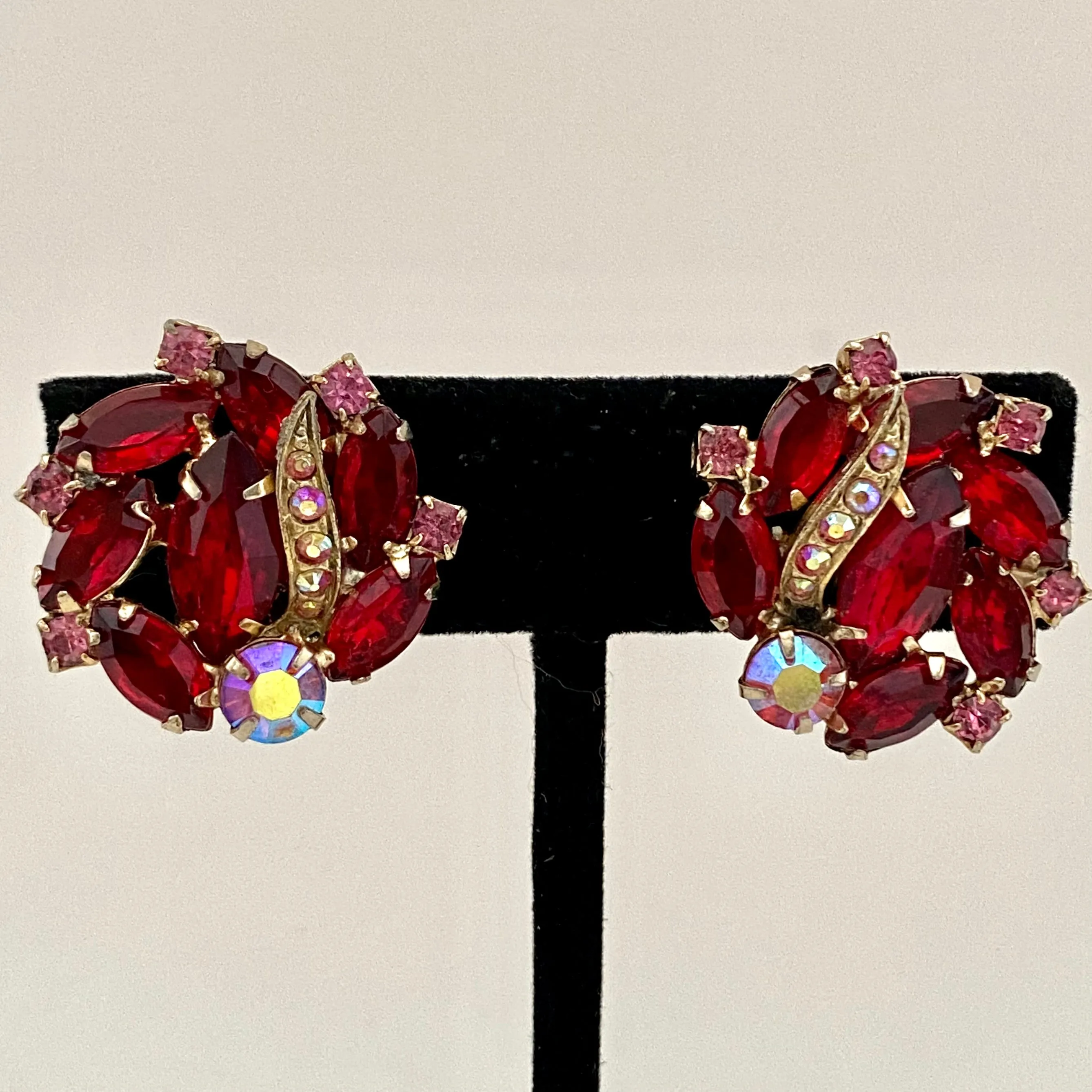 1950s Red Marquise Rhinestone Earrings