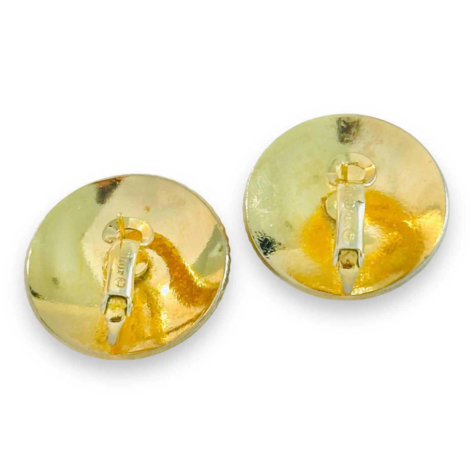 1960s Vintage Christian Dior Gold Tone Clam Shell Button Pierced Clip Earrings