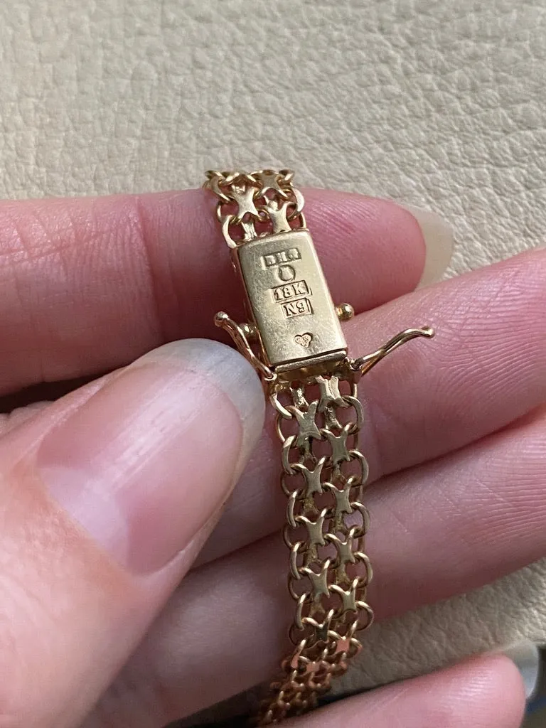 1963 X-link 18k solid gold textile bracelet - Swedish vintage handmade - 7.25 inch length