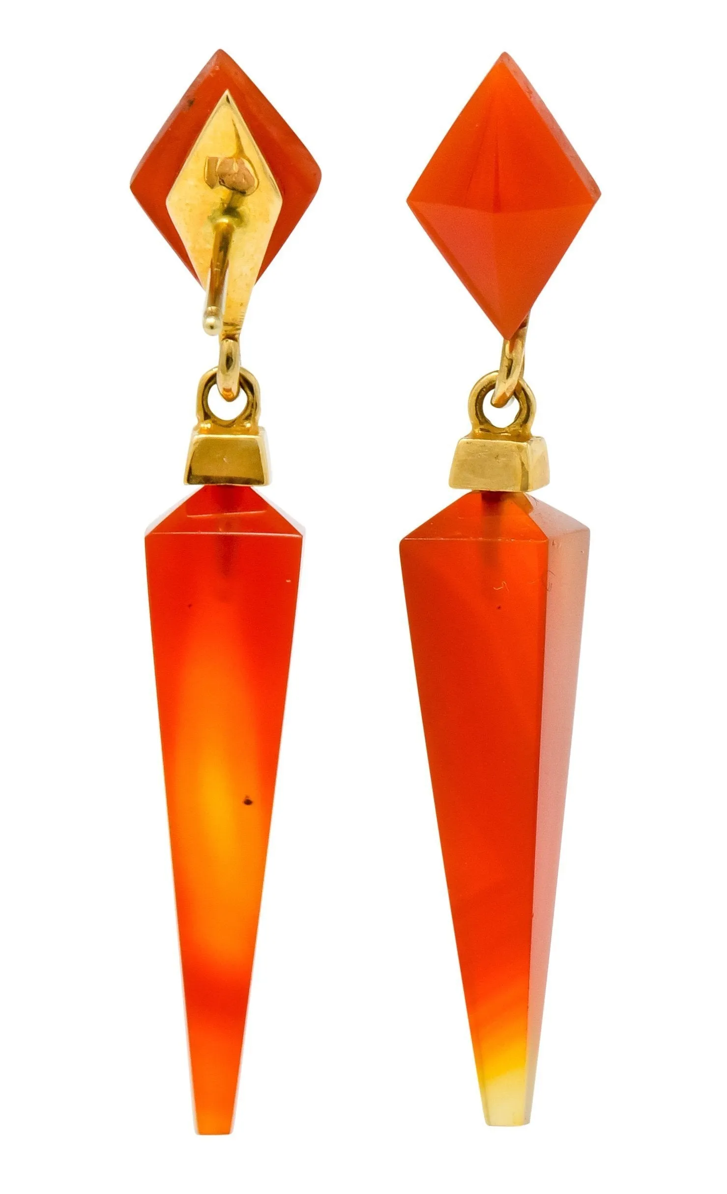 1980's Vintage Carnelian 14 Karat Gold Pyramidal Drop Earrings