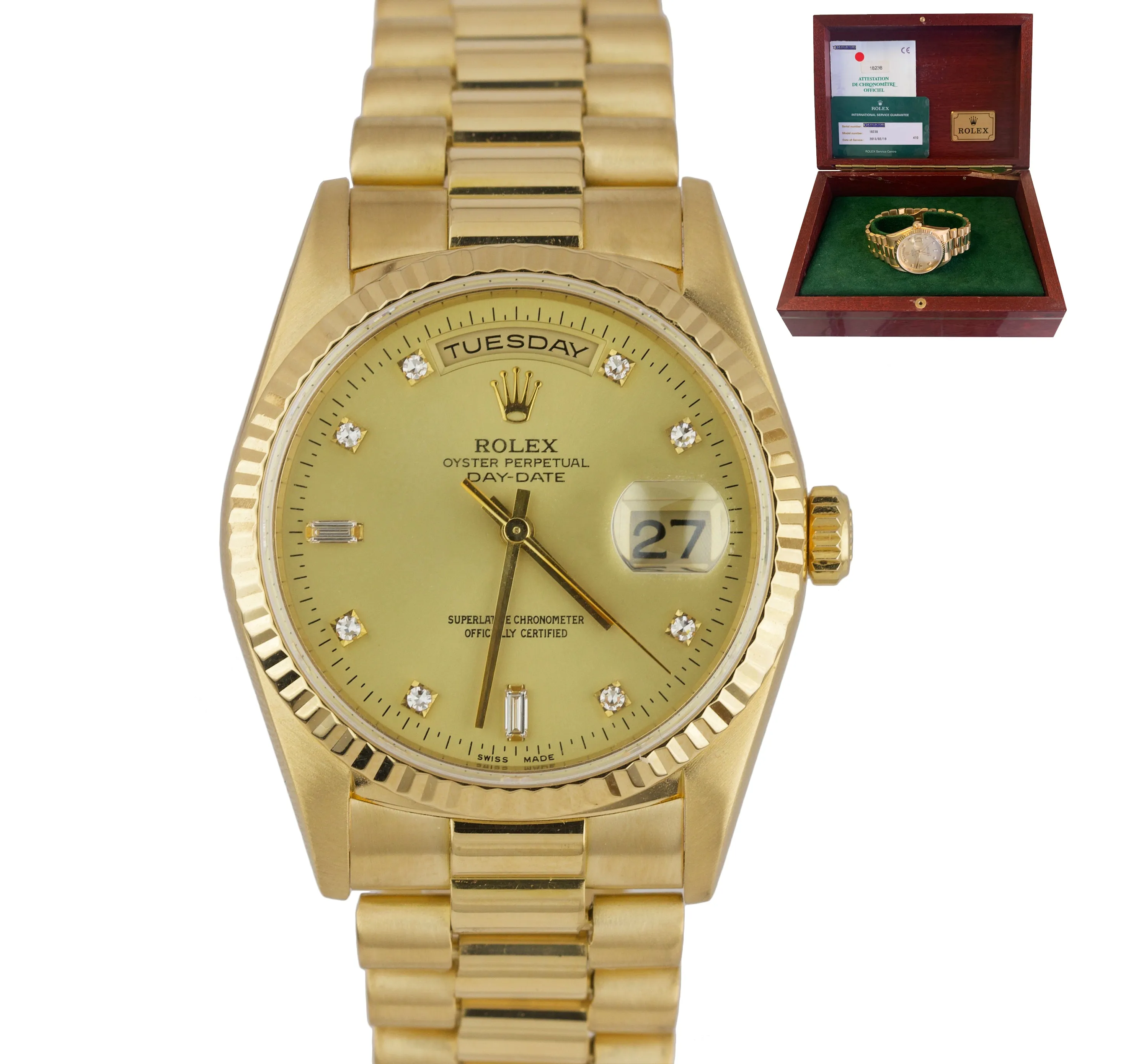 1999 FULL SET Rolex Diamond Day-Date President 36mm 18K Yellow Gold Watch 18238