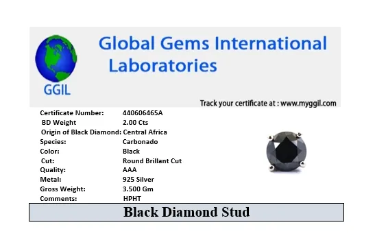 2 Ct AAA Certified Round Shape Black Diamond Solitaire Single Stud, Excellent Quality