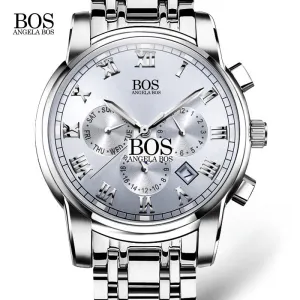 2016 mens watches top brand luxury BOS Three dial work stainless steel Moon Phase Waterproof Luminous men's watches quartz-watch