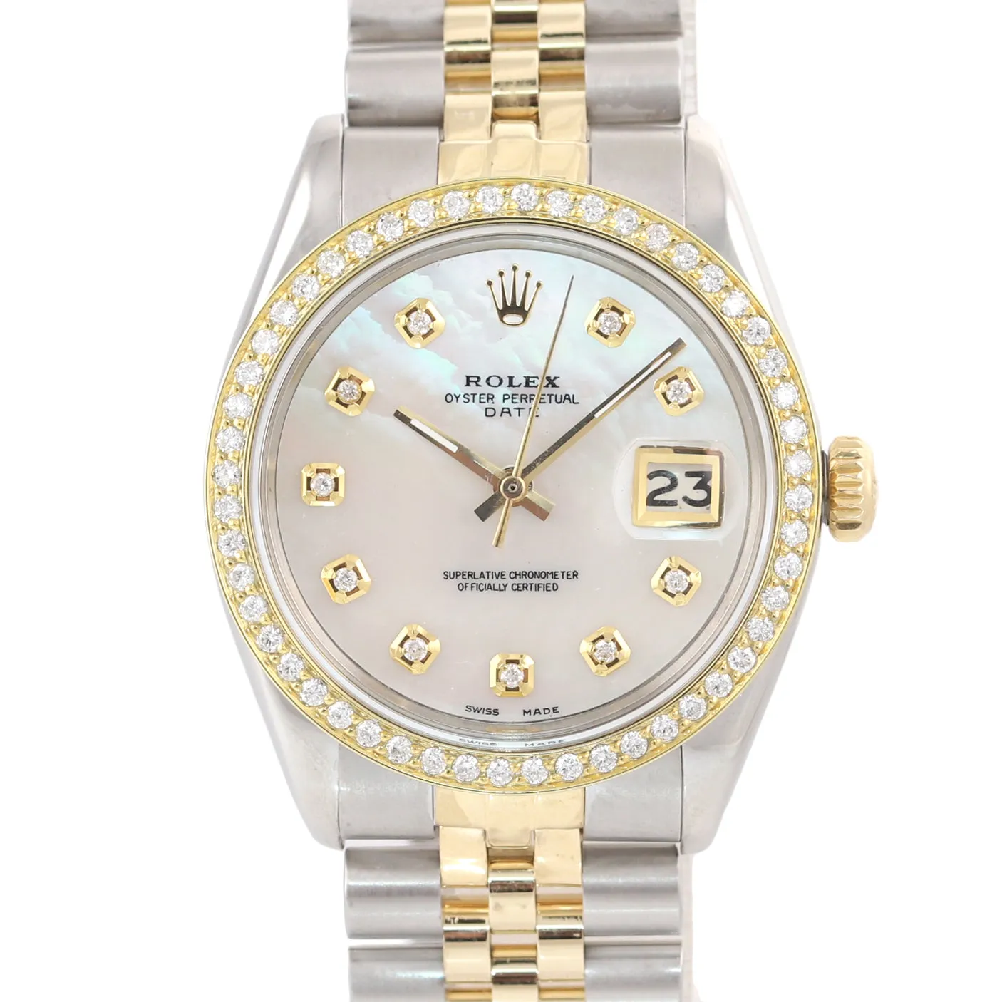 2019 SERVICE Rolex Date 15000 MOP Diamond two tone Gold Bezel 34mm Jubilee