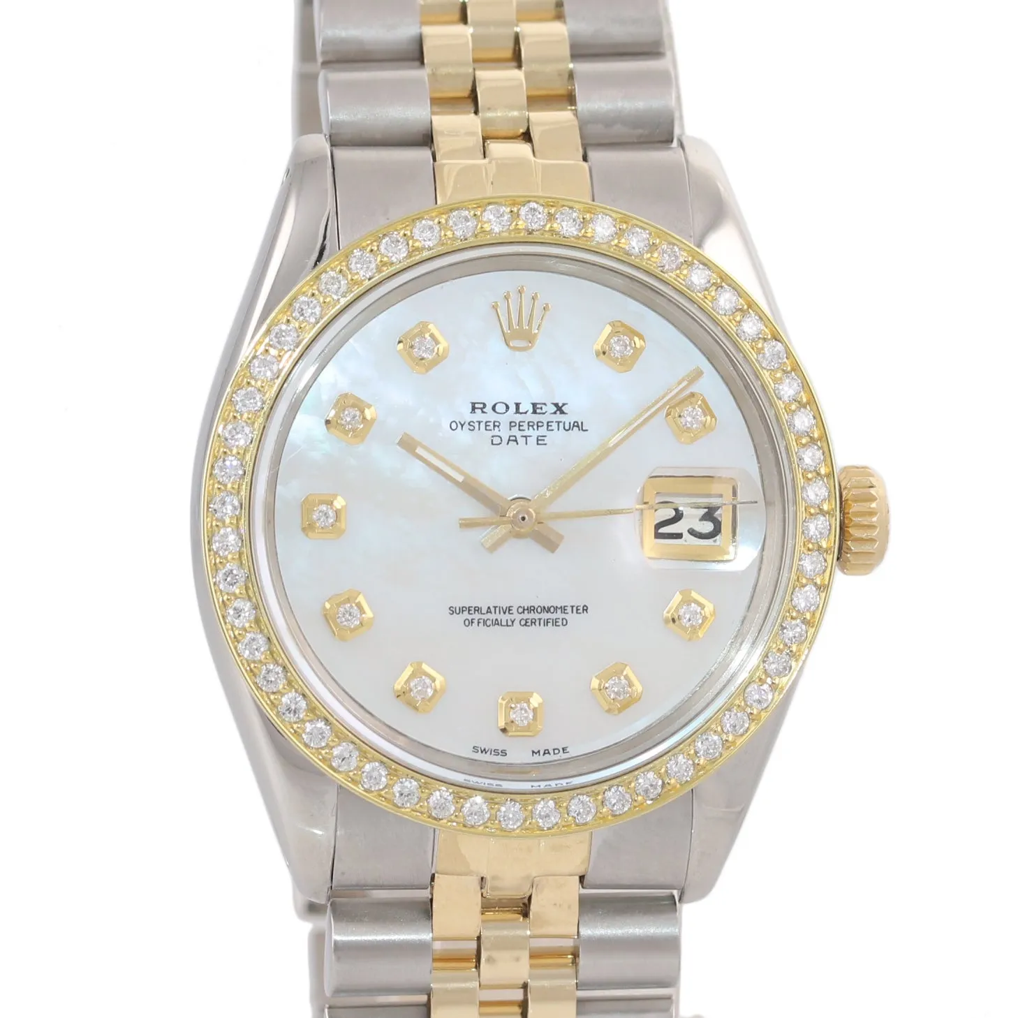 2019 SERVICE Rolex Date 15000 MOP Diamond two tone Gold Bezel 34mm Jubilee