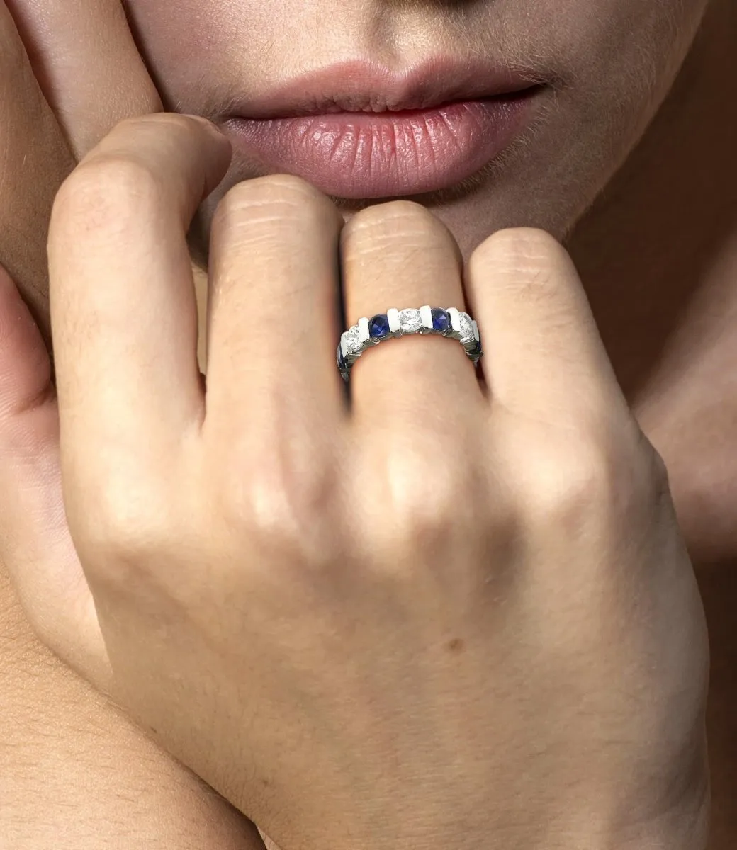 3.20 CT Round Cut Blue Sapphires & Diamonds - Eternity Ring