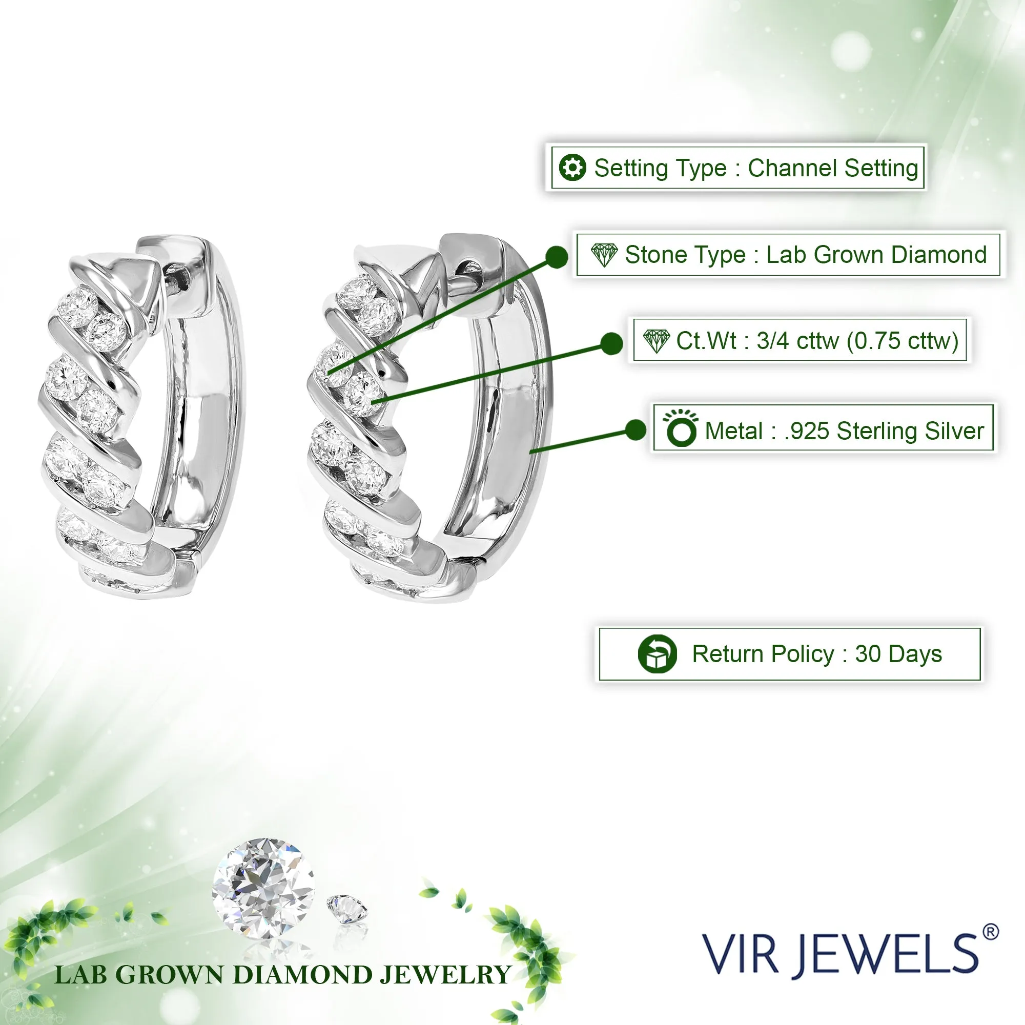 3/4 cttw Lab Grown Channel Set Diamond Hoop Earrings in Silver