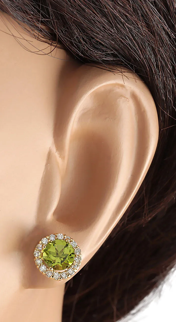 3.65 Carat Natural Peridot 14K Yellow Gold Diamond Earrings