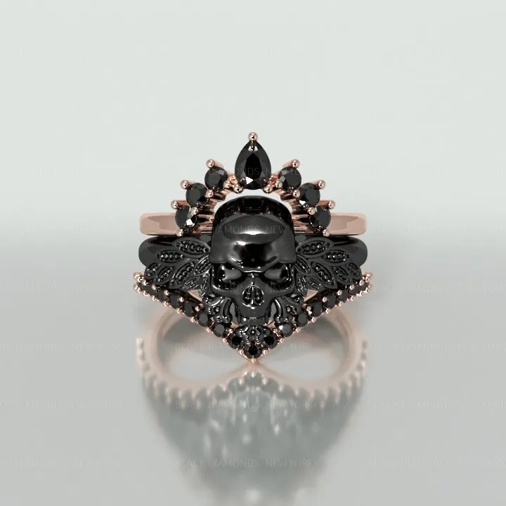3pc Rose Gold Black Diamond Gothic Ring - My Queen