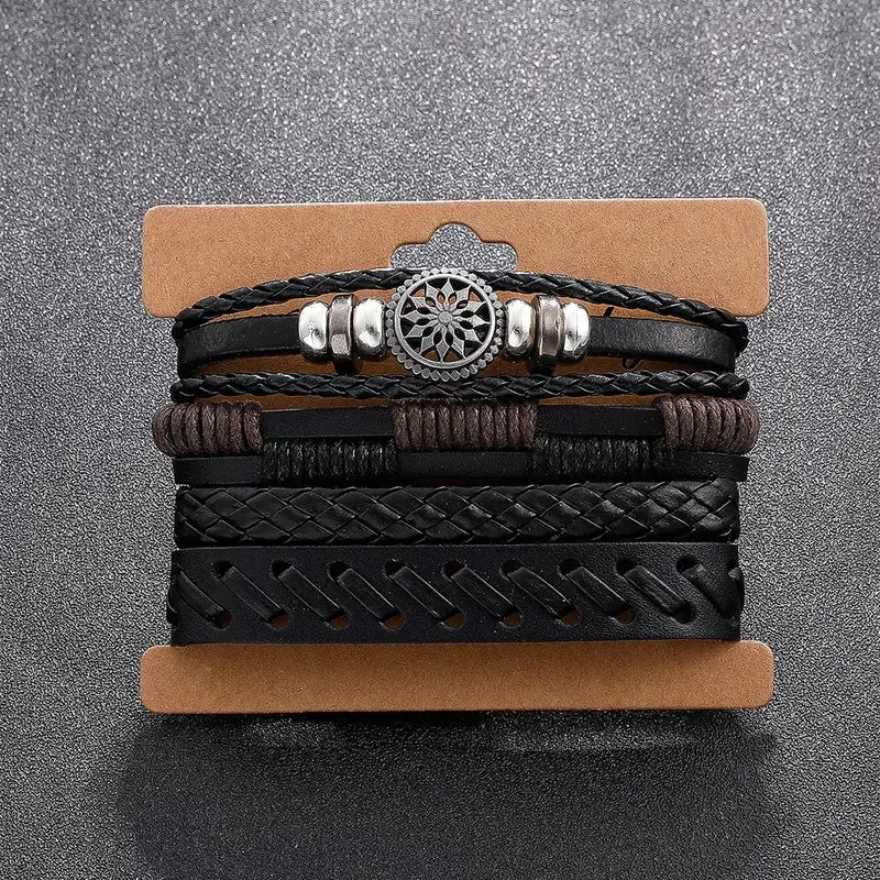 4Pcs Vintage Leather Woven Bracelet Set Men Charm Bracelets