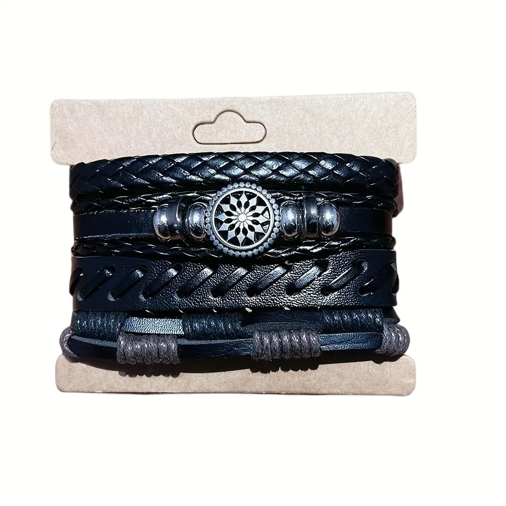 4Pcs Vintage Leather Woven Bracelet Set Men Charm Bracelets