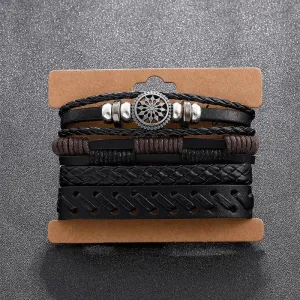 4Pcs Vintage Leather Woven Bracelet Set Men Charm Bracelets