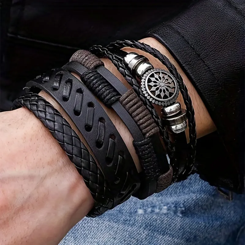 4Pcs Vintage Leather Woven Bracelet Set Men Charm Bracelets