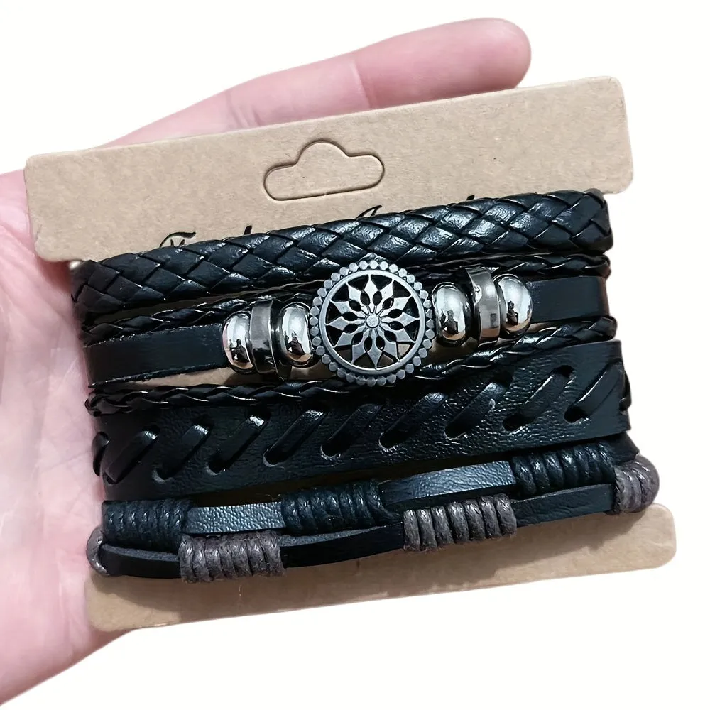 4Pcs Vintage Leather Woven Bracelet Set Men Charm Bracelets