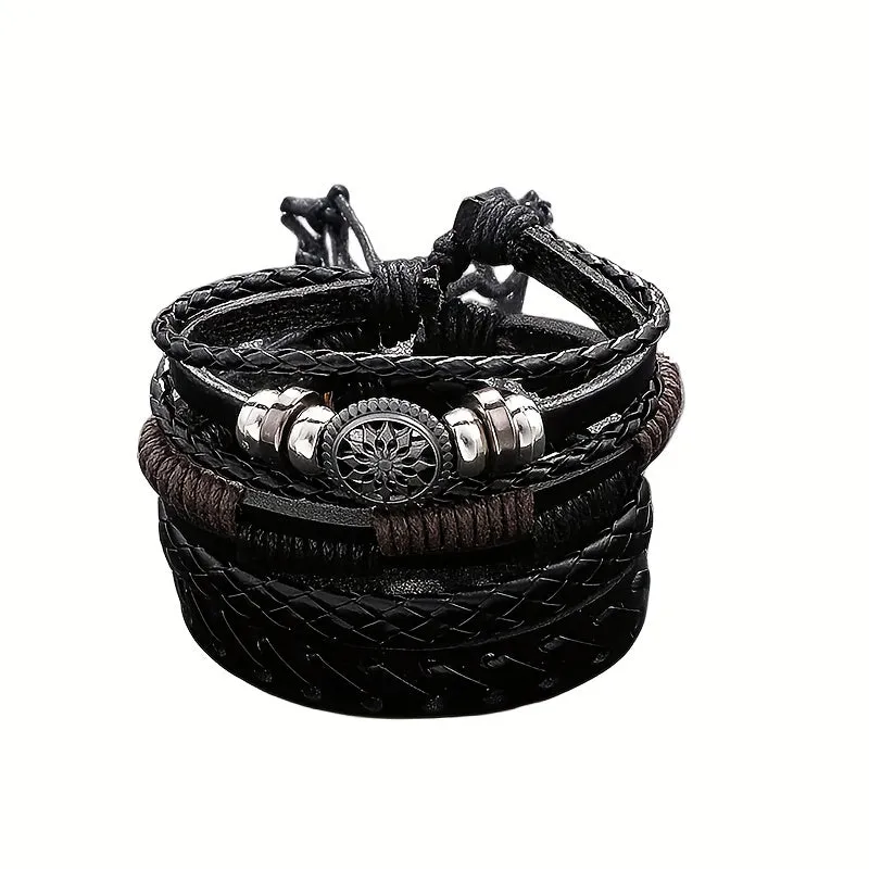 4Pcs Vintage Leather Woven Bracelet Set Men Charm Bracelets