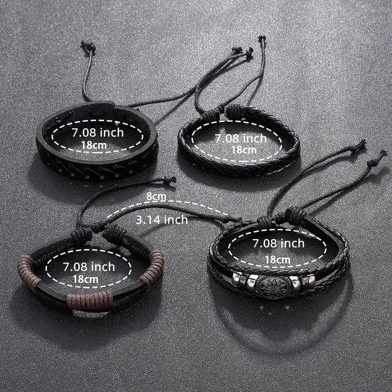 4Pcs Vintage Leather Woven Bracelet Set Men Charm Bracelets