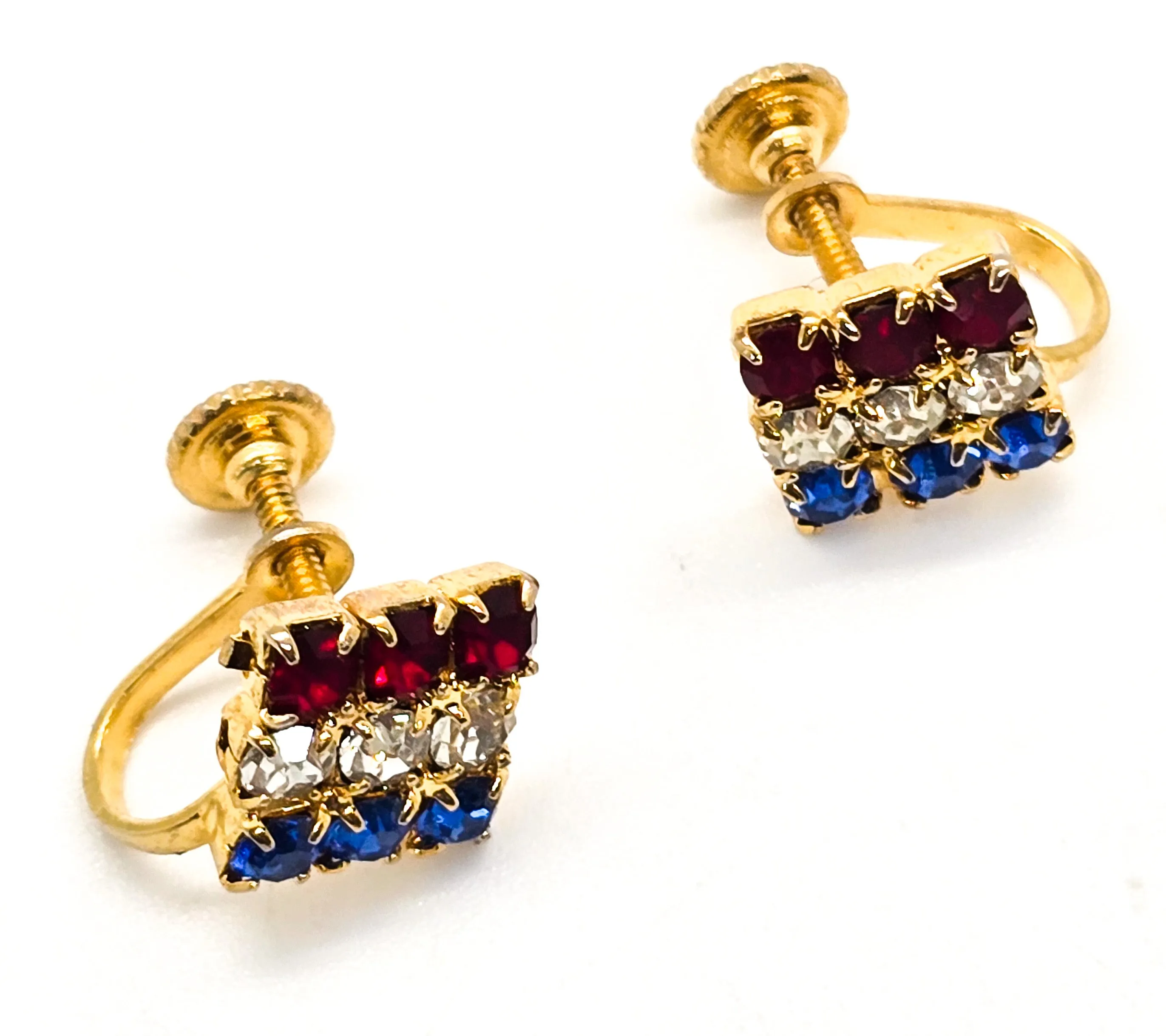 4th of July red white and blue flag mid century rhinestone vintage screw back earrings